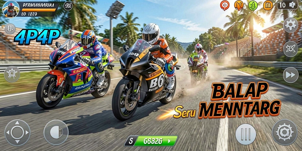 Screenshot utama 4P4P menampilkan balapan motor yang mendebarkan.