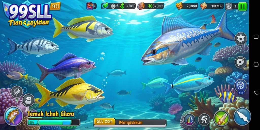 Tampilan gameplay <strong>99SLL</strong> yang seru dengan berbagai ikan menunggu untuk ditangkap.