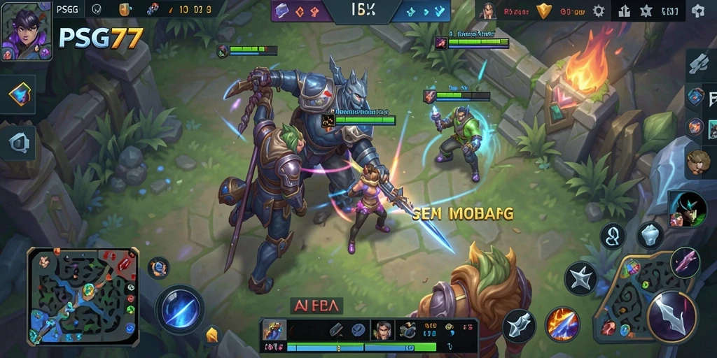 Screenshot utama menunjukkan aksi gameplay MOBA yang mendebarkan.