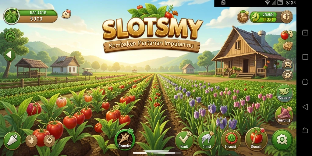 Screenshot gameplay SLOTSMY yang menunjukkan kebun yang subur dan beragam tanaman.